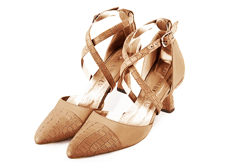 Camel beige women's open side shoes, with crossed straps. Tapered toe. Medium spool heels. Front view - Florence KOOIJMAN